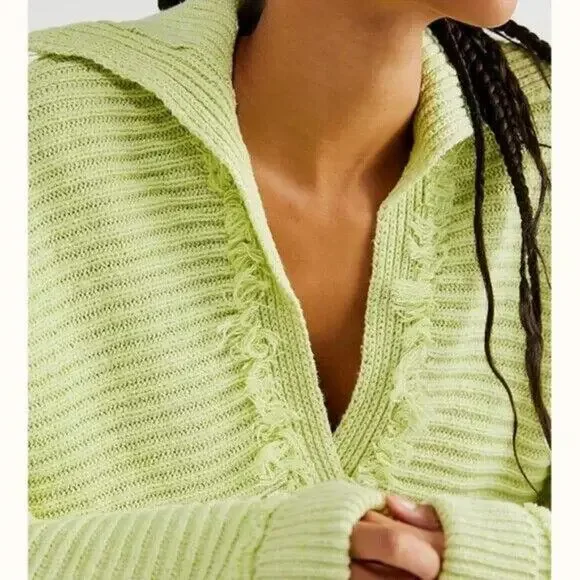 Free People Marlie Slouchy Oversized Sweater Ribbed V-Neck Lime Green Size Large - Picture 3 of 16